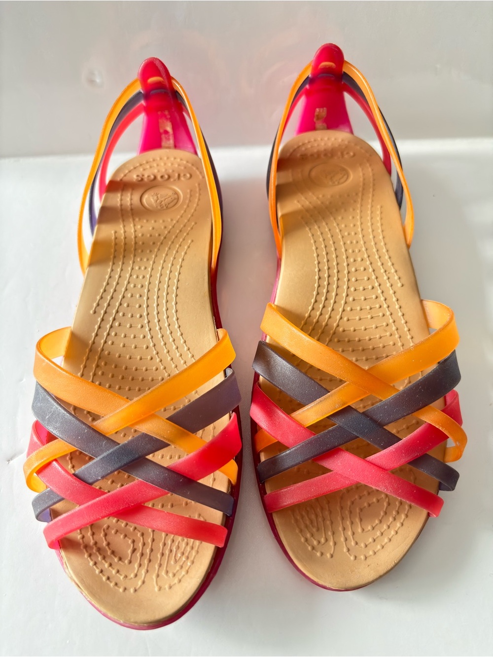 Crocs Huarache Strappy Wedge Sandals Pink Orange Rainbow